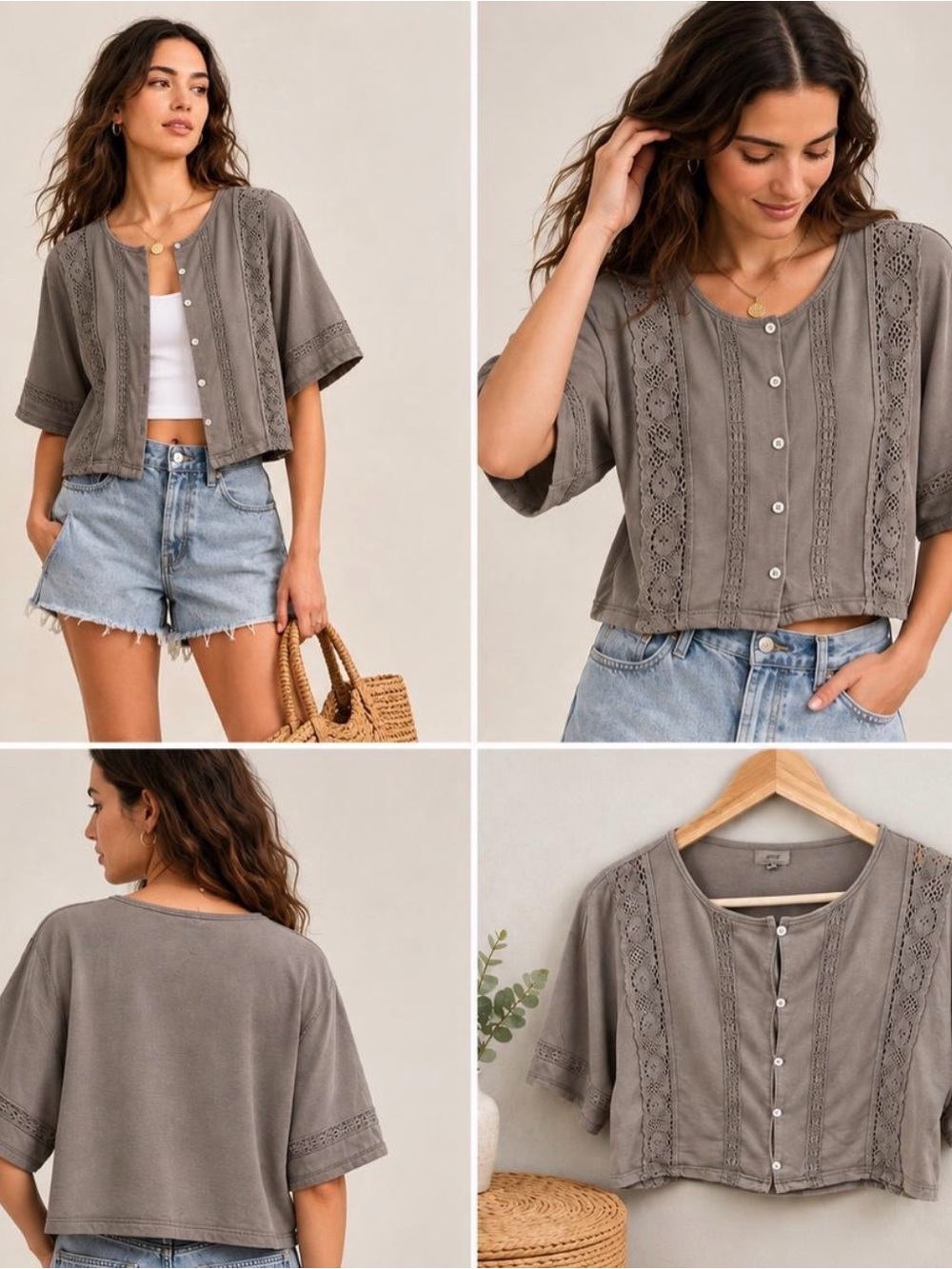 American Eagle Outfitters Charcoal Gray Lace-Trim Button Down Top